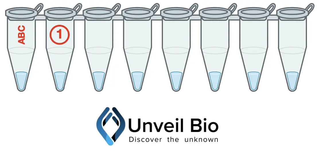 a row of 8 PCR tubes with ABC written in blue marker on the side of the first tube and a '1' on the second tube